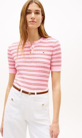 Tommy Hilfiger Strickpullover TOMMY HILFIGER CO CABLE FINE GG SS HENLEY, Damen, Gr. L (42/44), preppy stp classic pink fireworks, Strick, Obermaterial: 100% Baumwoll