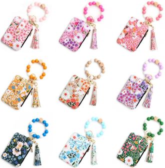 Generic Women Boho Keychain Wallet with Beaded Bracelet Small Card Holder (Light Pink)