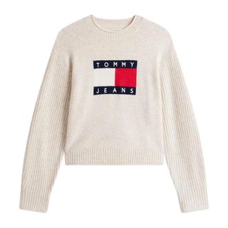 Tommy Jeans Round-neck Knitwear, female, Beige, Size: M TJW Melange Flag Sweater