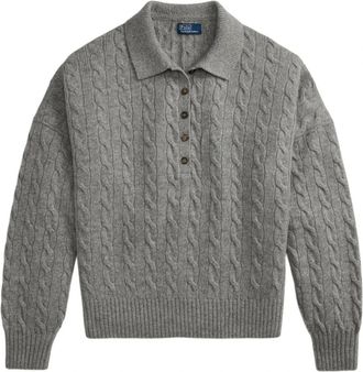 Polo Ralph Lauren Pullover van scheerwol en kasjmier met kabelpatroon en polokraag - Dames - Ronde hals truien - Grijs - XS - Wol - Truien & Vesten