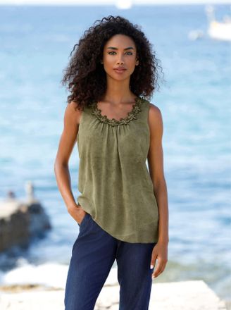 Heine Blusentop HEINE, Damen, Gr. 34, oliv, 100% Polyester, gemustert, unifarben, Rundhals, Blusen Blusentop