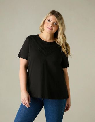 Live Unlimited London Womens Black Jersey Broderie V-Neck Top - Size: 14