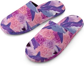 Generic Shark And Flowers Watercolor Mens Cozy Memory Foam Slippers Warm Cotton House Shoes Comfy Slipper for Indoor Outdoor
