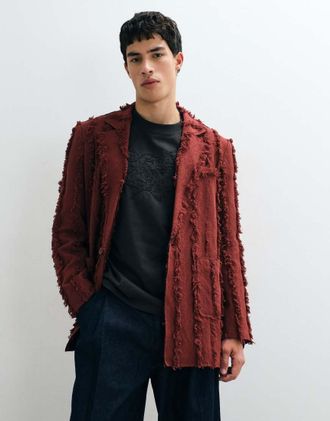 Reclaimed Vintage Limited Edition giacca da abito oversize coordinata color ruggine con bordi sfrangiati-Rosso