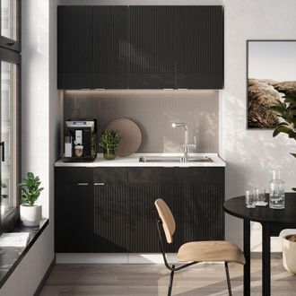 Vicco Cucina completa Fame-Line, Nero a righe/bianco, 140 cm senza piano di lavoro, Vicco