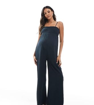 Mama Licious Mamalicious wide leg strappy jumpsuit in navy