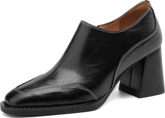 TinaCus Genuine Leather Handmade Side Zipper Round Toe Low/Mid Chunky Heels Womens Vintage Pumps Shoes, Black/2.95, 3 UK