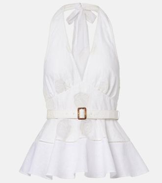 Self Portrait Broderie anglaise peplum linen and cotton top