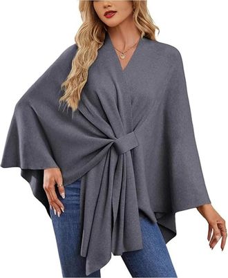 Generic Womens Elegant Shawl Wraps Soft Open Front Poncho Sweater,Cross Front Knit Poncho Sweater for Travel & Office (Grey)