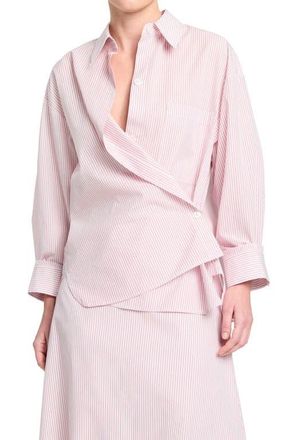 TWP Newest Earl Stripe Wrap Front Cotton Button-Up Shirt in White /Red at Nordstrom, Size X-Small