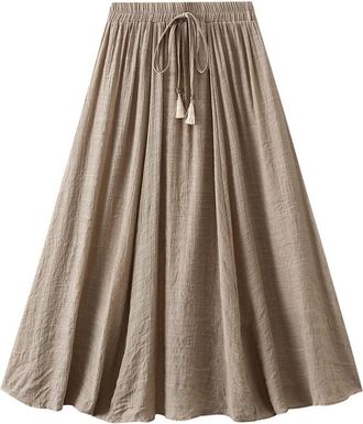 Generic Womens Midi Skirts Summer Cotton Linen Skirts Long A-line Skirt Solid Color Casual Loose Elasticated Waist Skirts Lace-up Retro Double Layered Skirt B