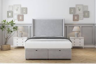 Comfort Beds Madrid Plush Ottoman Bed Base-54 Wingback Headboard in Silver | Size: Super King