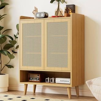 Merax Light Oak Rattan 5 Tier Shoe Storage Cabinet, Entryway Storage