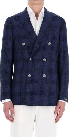 Barba Blauw dubbelrijige getailleerde jas - Heren - Blazers - Blauw - XL - Leer - Jassen