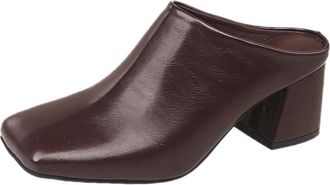 Generic Womens Retro Square Toe Block Heels Pull On Fashion Mules for Daily Shopping and Walking (Brown,7.5)