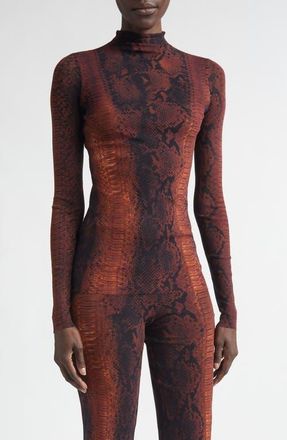Jean Paul Gaultier Snakeskin Print Long Sleeve Mesh Top in Brown/Black at Nordstrom, Size X-Small