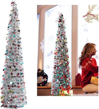 Infinite &Aacute;rbol De Navidad Artificial De Pet - 1,5 M (4,9 Pies) De Altura, F&aacute;cil De Montar Y Guardar, Con Purpurina Para Decoraci&oacute;n Festiva, Color Plateado