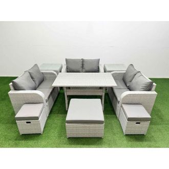 Fimous 9 Seater pe Wicker Rattan Furniture Sofa Sets with Rectangular Dining Table 2 Seater Love Sofa 3 Stool 2 Side Table Light Grey - Fimous