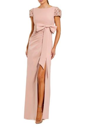 Mac Duggal Beaded Cap Sleeve Crepe Gown With Bow and Slit in Dusty Rose at Nordstrom, Size 14