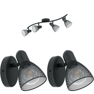 Loops Quad Ceiling Spot Light & 2x Matching Wall Lights Black Mesh Adjusatble Head