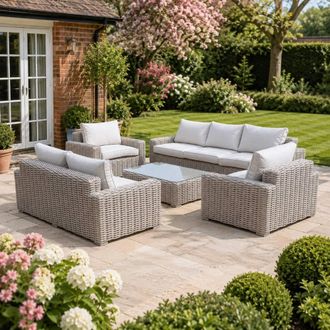 Shatchi Large 7 Seater Rattan Garden Sofa Set with Table & Thick Cushions in Beige | Size: 2 Pack