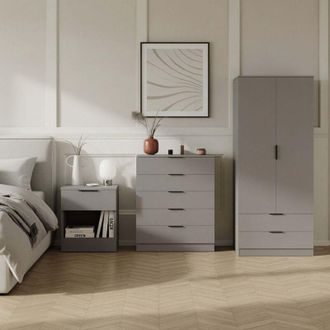 Home Discount Trega 3pc Bedroom Furniture Set - 1 Drawer Bedside, 5 Drawer Chest & 2 Door Wardrobe, Grey