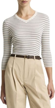 Vince Striped High V-Neck Cashmere & Silk-Blend Sweater
