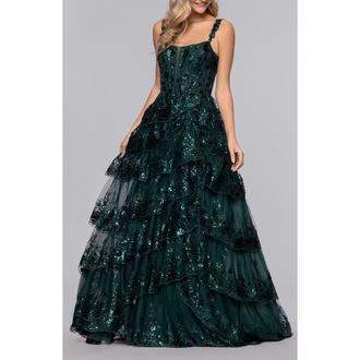 Blondie Nites Sequin Tiered Ruffle Ballgown in Hunter at Nordstrom, Size 3
