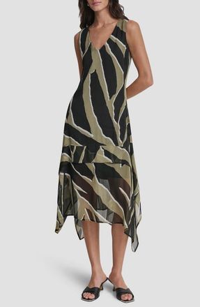 DKNY Crinkle Chiffon Handkerchief Hem Midi Dress in Jungle Block at Nordstrom, Size X-Small