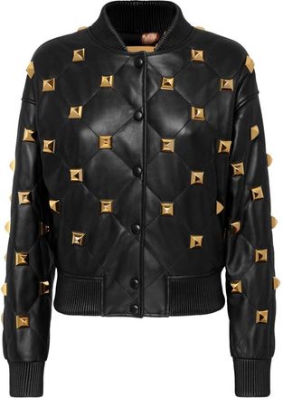 Philipp Plein Jassen, Dames, Zwart, XS, Leer, Leather Bomber Matelassè Studs