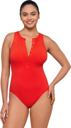 S3 Ribbed High Neck Snap Front One Piece Swimsuit in Scarlet at Nordstrom, Size X-Large