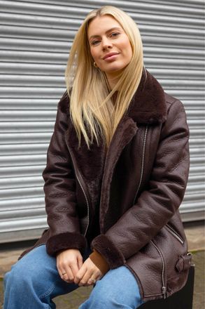 Roman Womens Faux Fur Aviator Jacket - Brown - Size 20 UK