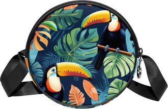 Generic Circle Crossbody Bag for Women, Tropical Plants Parrot Small Sling Bag Daypack with Zipper Adjustable Shoulder Straps Casual Ladies Girls Round Purse