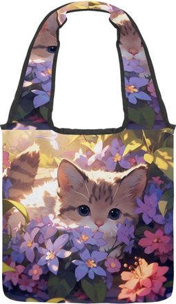 Generic Cute Cartoon Kitten Reversible Canvas Shoulder Tote - Double-Sided Print, 12oz Cotton, 27cm Drop, Fold-Flat Bag for Travel, Shopping, Street Outings