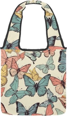 Generic Butterfly Seamless Yellow Background Reversible Canvas Shoulder Tote - Double-Sided Print, 12oz Cotton, 27cm Drop, Fold-Flat Bag for Travel, Shopping,