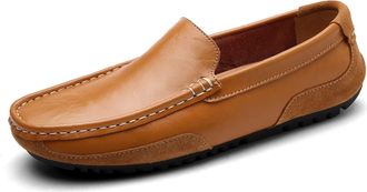 Generic Mens Shoes Mens Loafers Genuine Leather Round Toe Stitching Details Flexible Anti-Slip Flat Heel Lightweight Driving Slip-on(Yellow,6.5 UK)