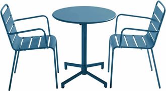 Oviala Mesa de jard&iacute;n de metal azul Pac&iacute;fico y 2 sillones