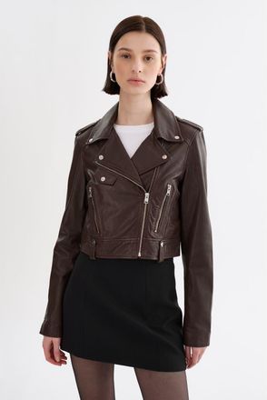 LaMarque Ciara | Cropped Leather Biker Jacket in Dark Brown at Nordstrom, Size Xx-Small