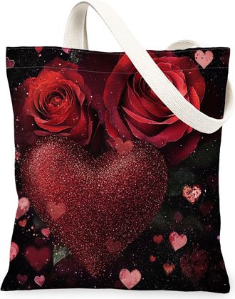 Generic Valentines Day Rose Floral Canvas Tote Bag for Shopping 13x15, Luxury Romantic Flower Reusable Grocery Print Pattern Bag for Women, Holiday Beach Aest