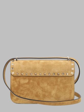 Valentino Garavani Womens Rockstud Small Suede Shoulder Bag Beige Calf Leather