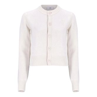 Ami Cardigans, female, Beige, Size: XS Cream Wool Cardigan with Embroidered Detail