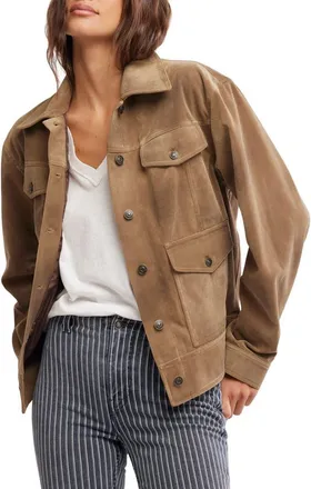 Free People Night Ranch Faux Suede Trucker Jacket in Antique Bronze at Nordstrom, Size X-Small
