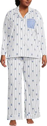 Lands End Cotton Poplin 2 Piece Pajama Set - Long Sleeve Top and Pants in White/blue Floral Stripe at Nordstrom, Size 2X