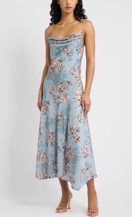 Chelsea28 Cowl Neck Seamed Satin Midi Dress in Blue Sarah Floral at Nordstrom, Size Xx-Small
