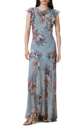 AllSaints Floral Ruffle Maxi Dress in Adena Dusty Blue at Nordstrom Rack, Size 0 Us / 4 Uk