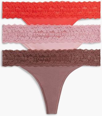 Tommy Hilfiger Womens Lace-Trim Thong 3-Pack - Rose / Cherry - XL