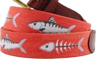 Smathers & Branson Womens Bone Fish Needlepoint Belt In Orange