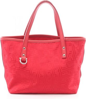 Ferragamo Red Color Canvas Leather Handbag Tote Bag (Pre-Owned)