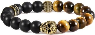 Crucible Jewelry Crucible Los Angeles Single Gold Skull Stretch Bracelet with 10mm Matte Black Onyx and Tiger Eye Beads