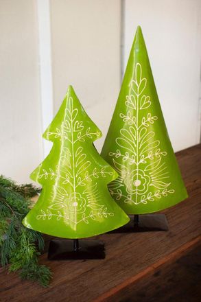 Kalalou Set Of Two Recycled Painted Metal Folk Christmas Trees